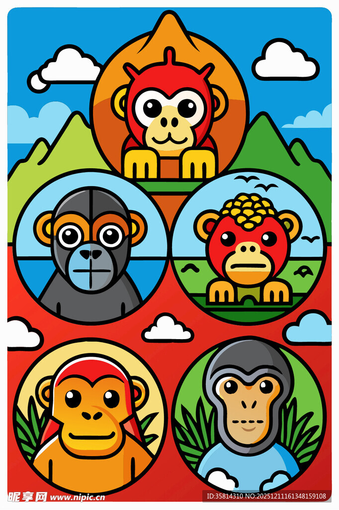 多彩猴子卡通图案