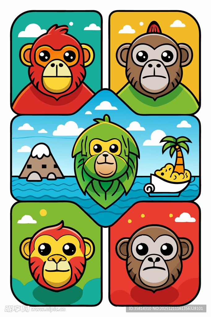 多彩猴子卡通图案集合