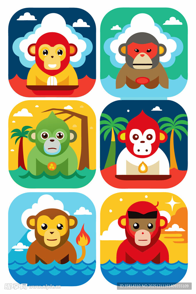 可爱猴子卡通图标集合