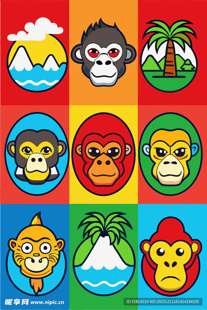 多彩猴子与海岛图案集合
