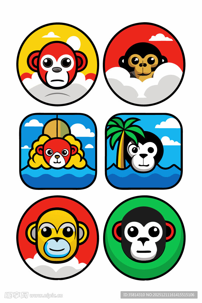 可爱猴子卡通图标集合
