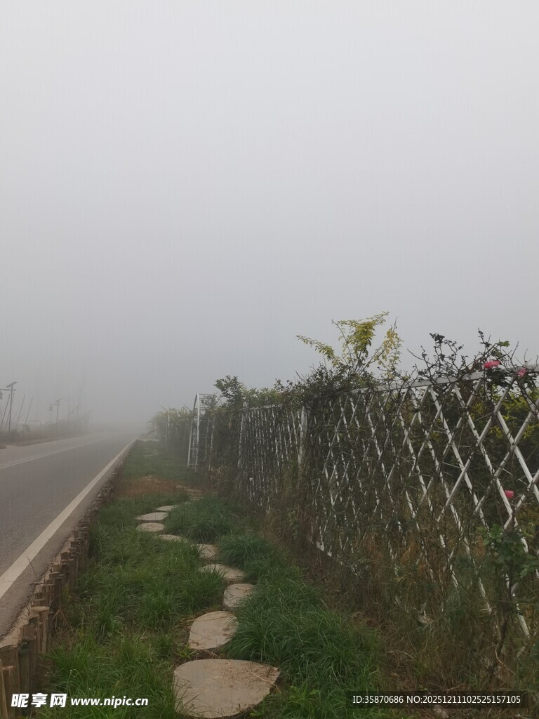 雾中乡间小径与围栏