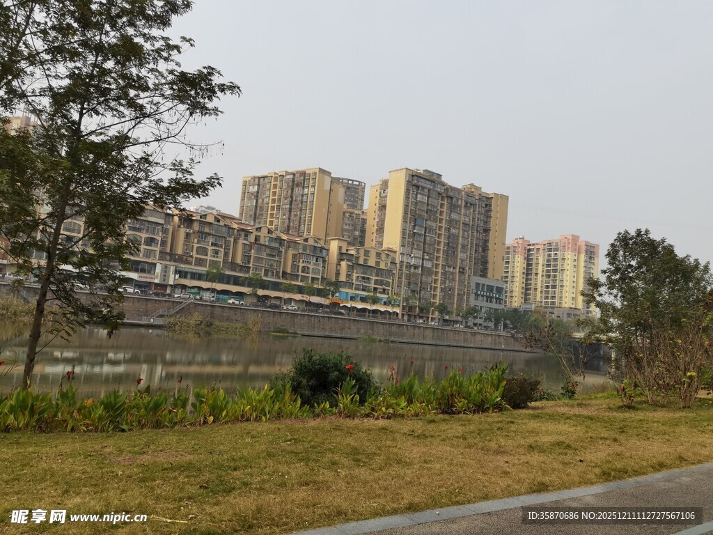 城郊道路旁的现代建筑群