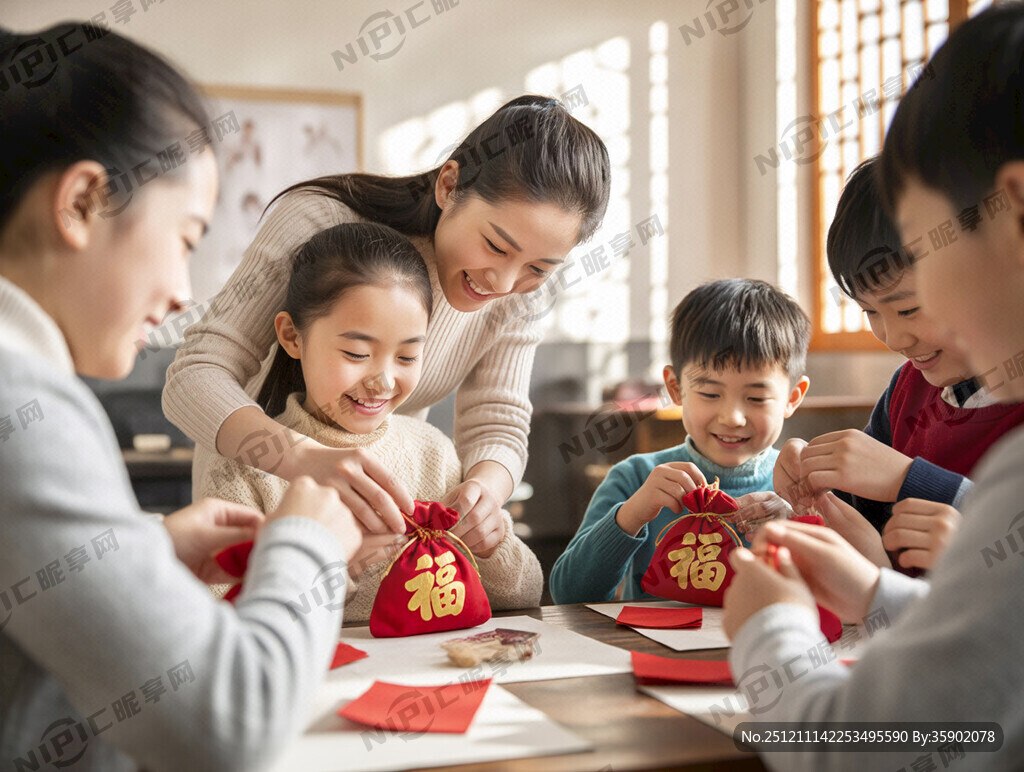 年轻美术老师指导一群孩子在美术