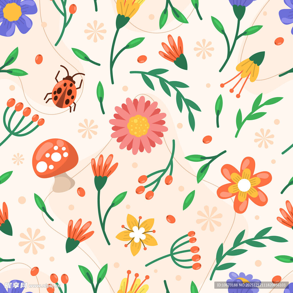 手绘多彩花卉昆虫图案