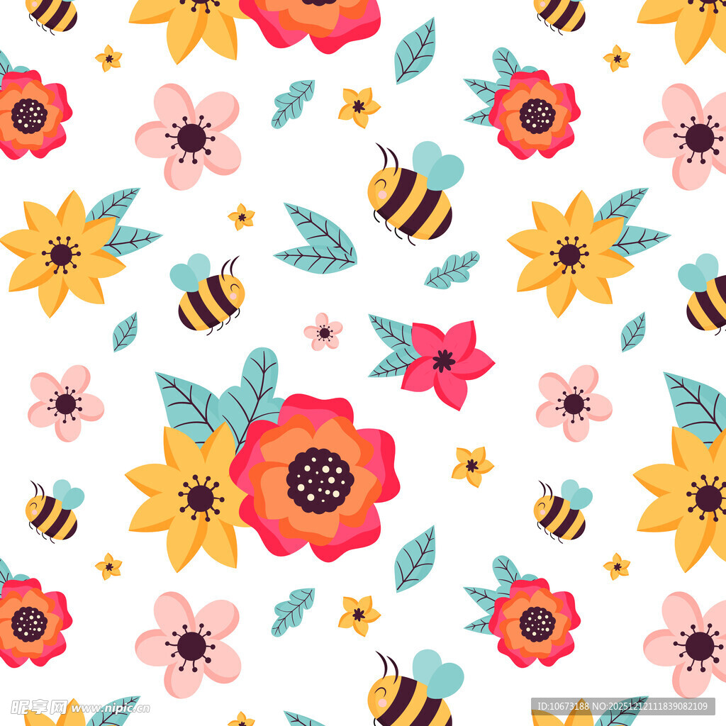 花卉蜜蜂图案无缝背景图