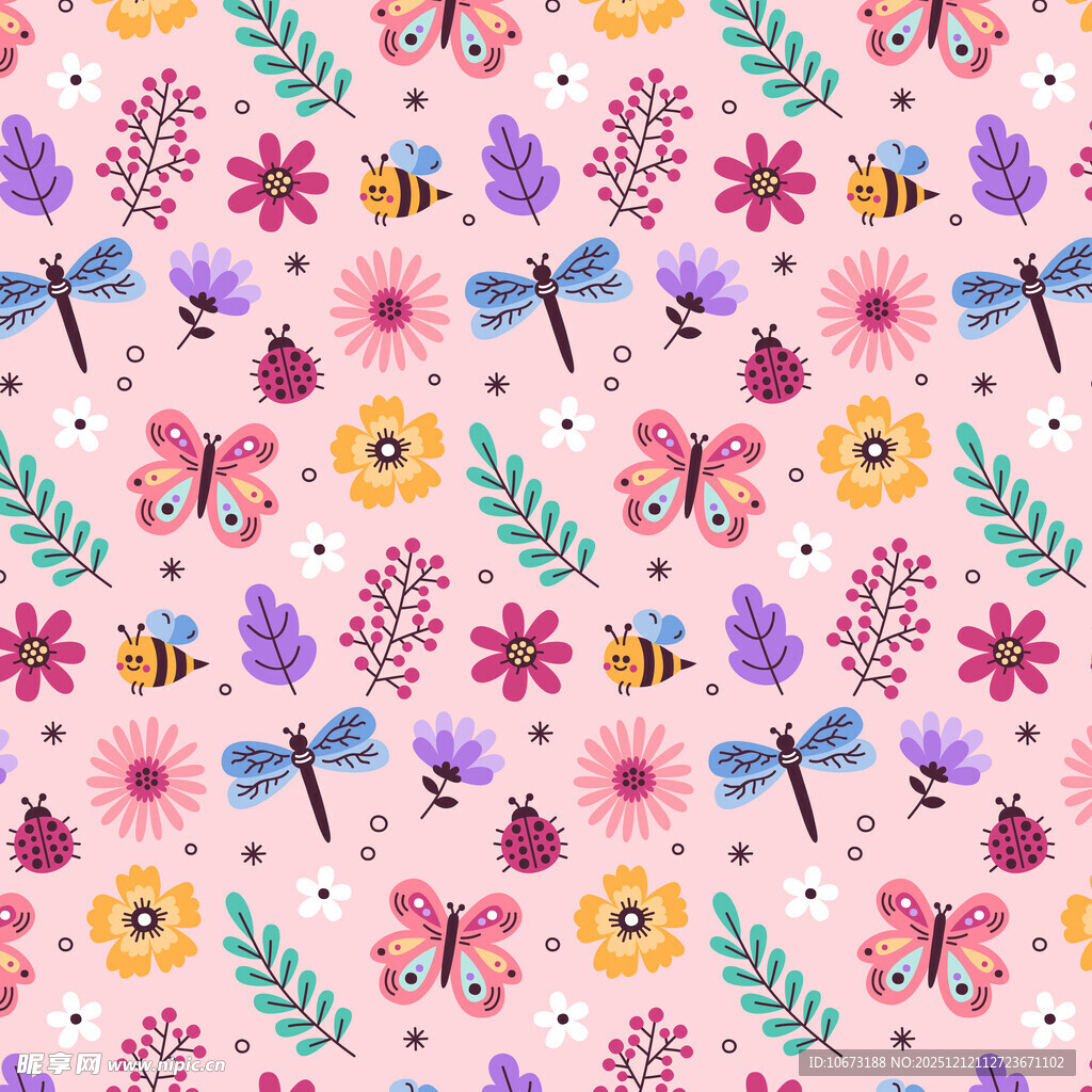 粉色花卉昆虫无缝图案