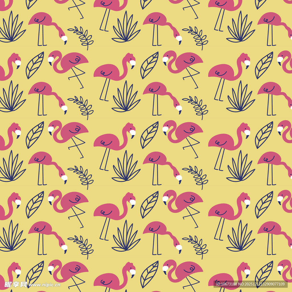 火烈鸟与植物的可爱图案