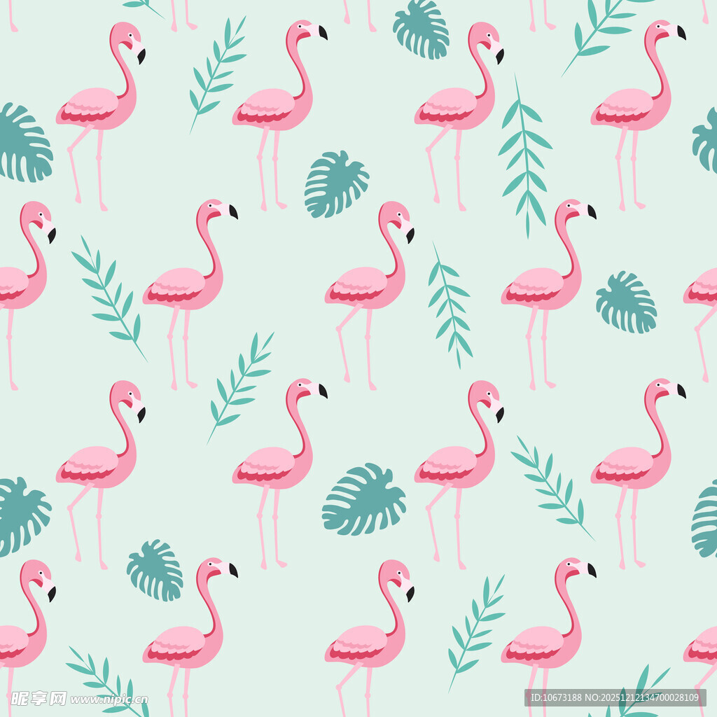 粉色火烈鸟与绿叶图案背景