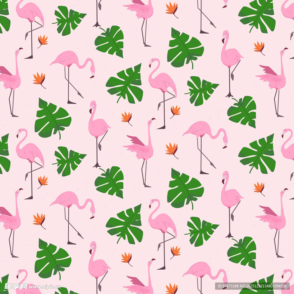 粉色火烈鸟与绿叶图案