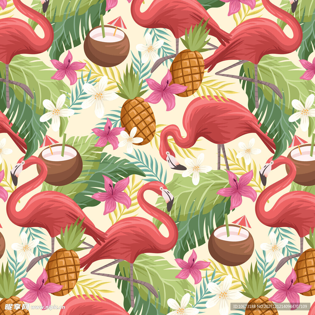 火烈鸟热带植物印花图案