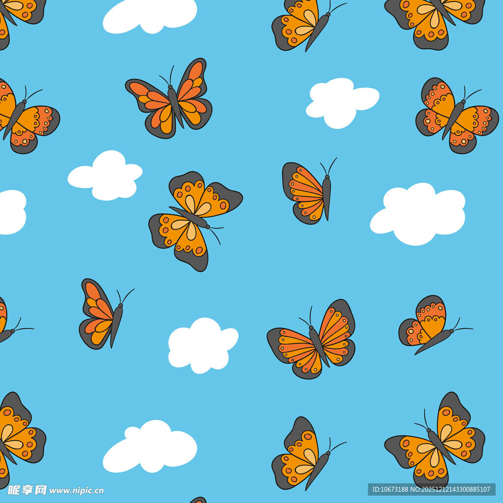 蓝色背景上的蝴蝶与云朵图案