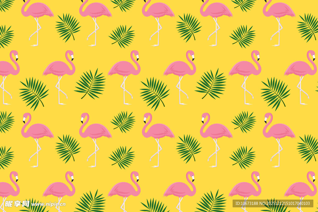 黄色背景火烈鸟绿植图案
