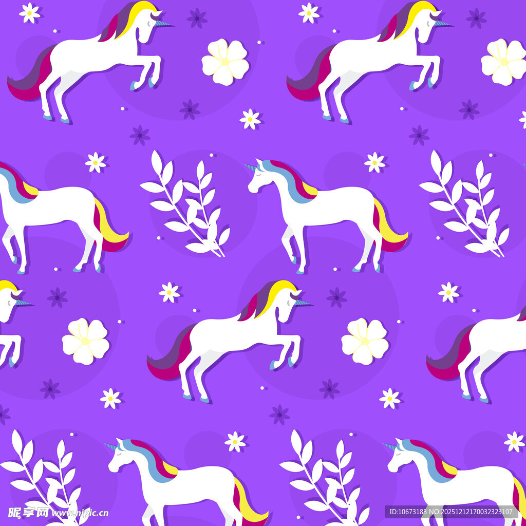 紫色背景独角兽花卉图案