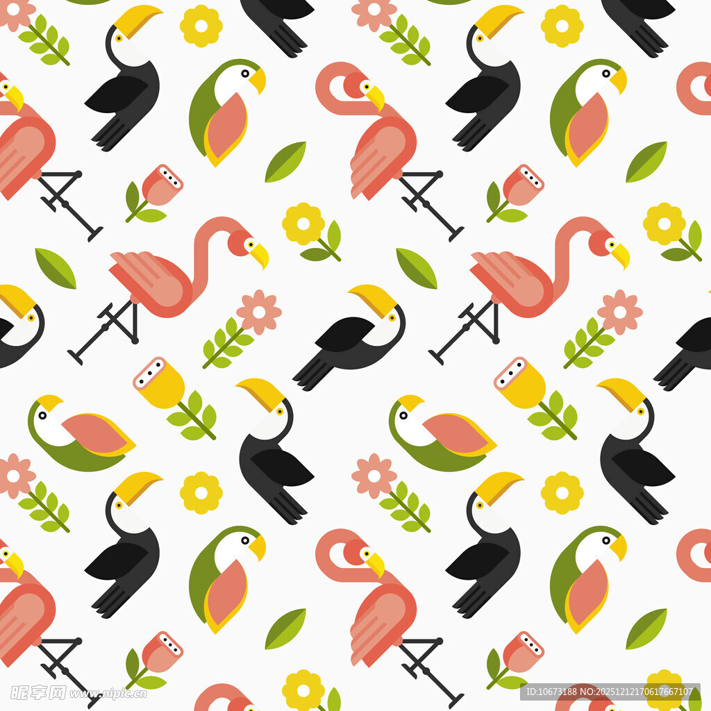 热带鸟类花卉无缝图案