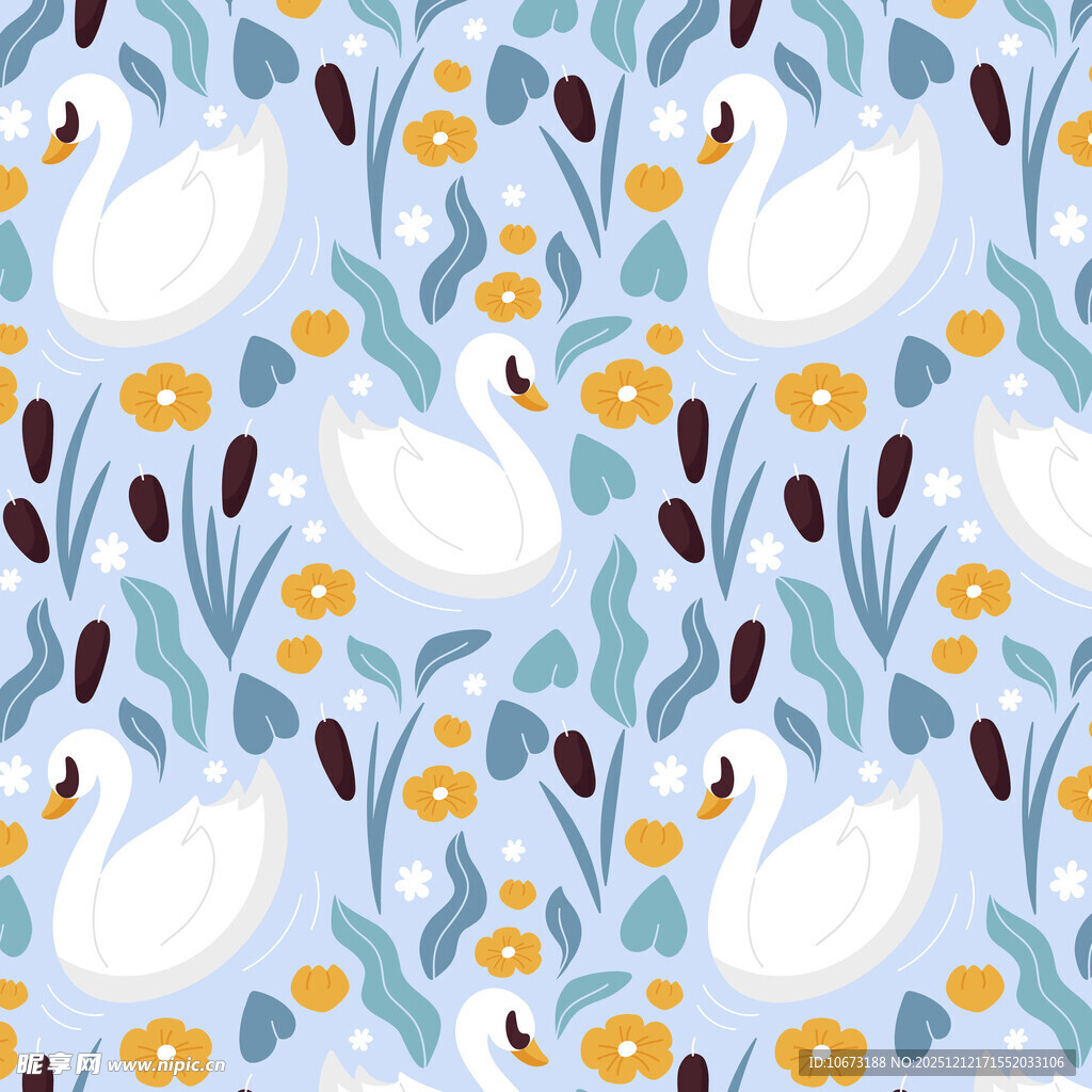 天鹅花卉图案无缝背景图