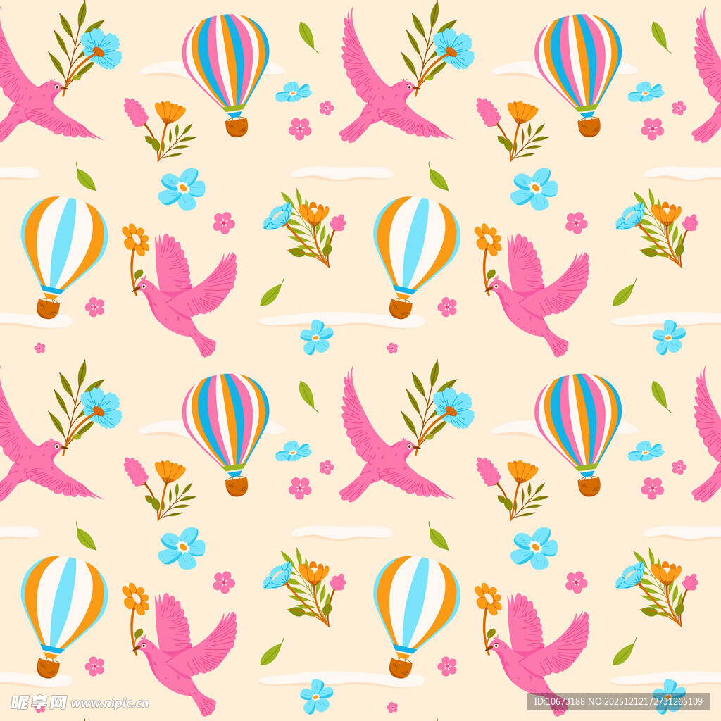 粉色热气球飞鸟花卉图案