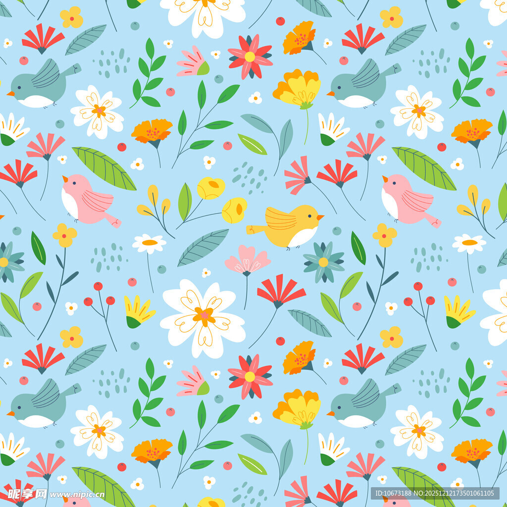 清新花卉小鸟图案背景