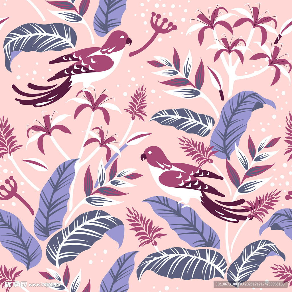 粉色背景花鸟植物图案