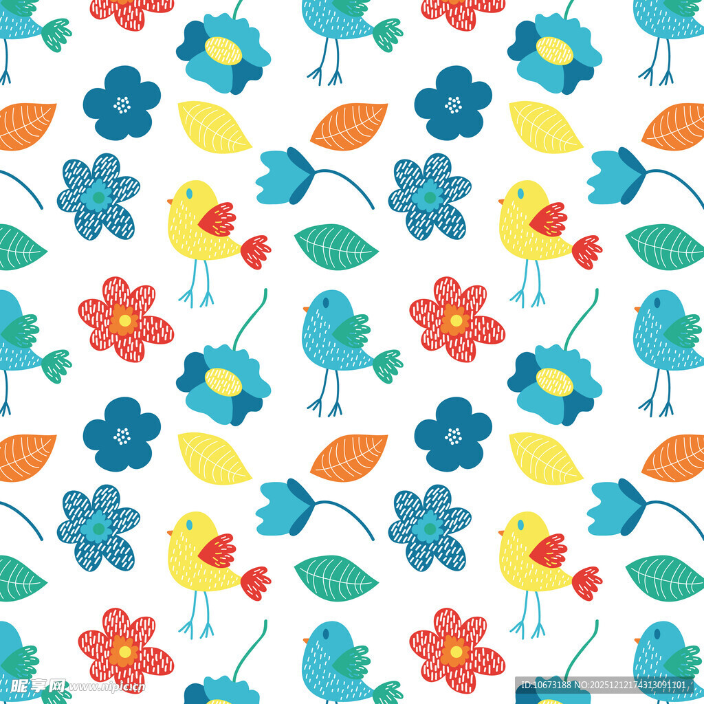 多彩花卉小鸟图案背景