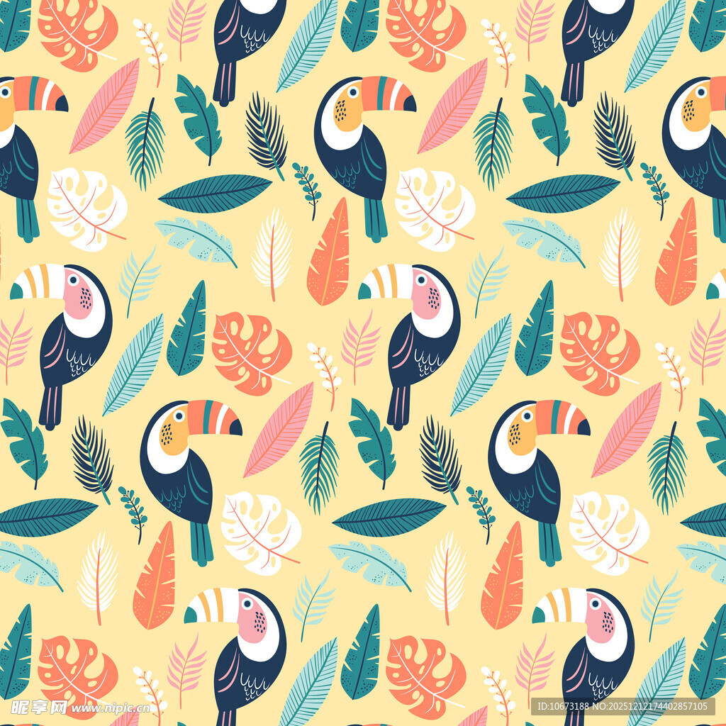 热带巨嘴鸟与花卉图案背景