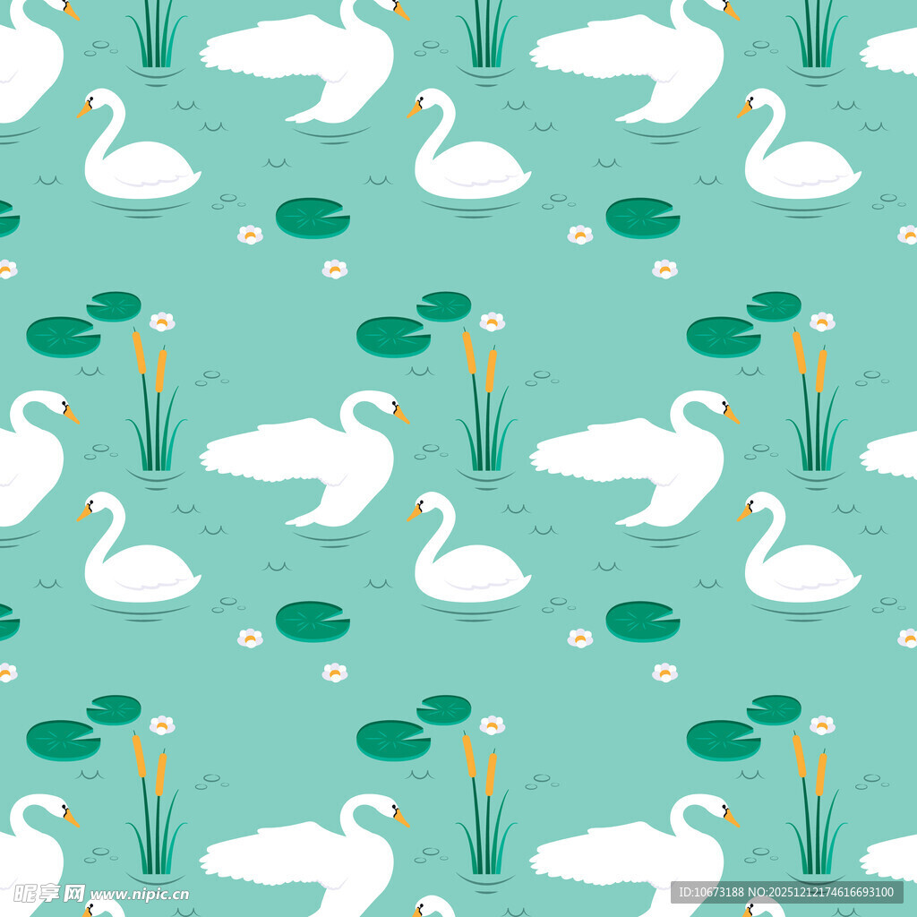 天鹅浮于荷叶间清新图案