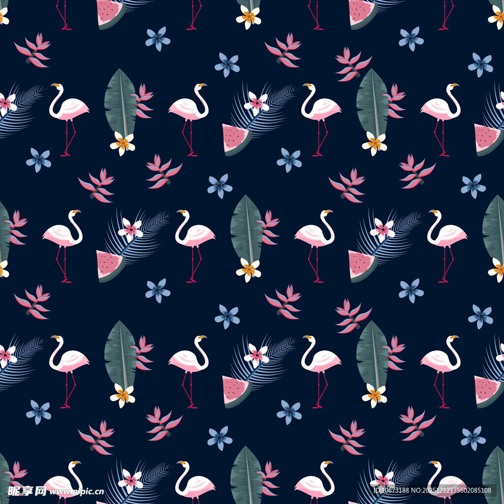 深蓝色底火烈鸟花卉图案