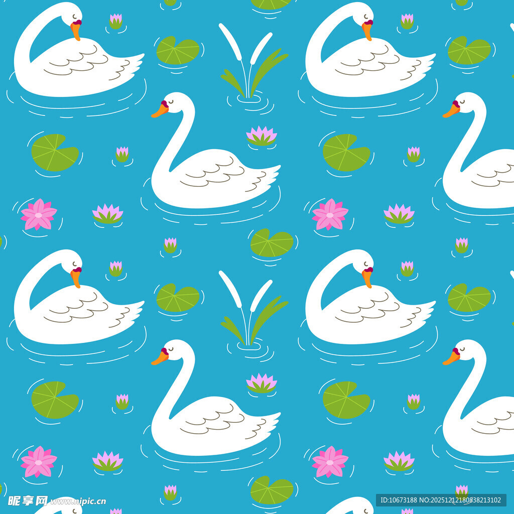 蓝色背景天鹅花卉图案