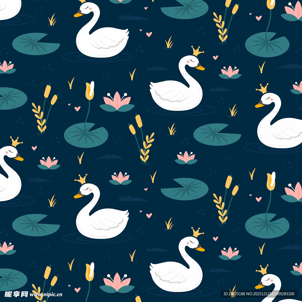天鹅荷叶花卉无缝图案
