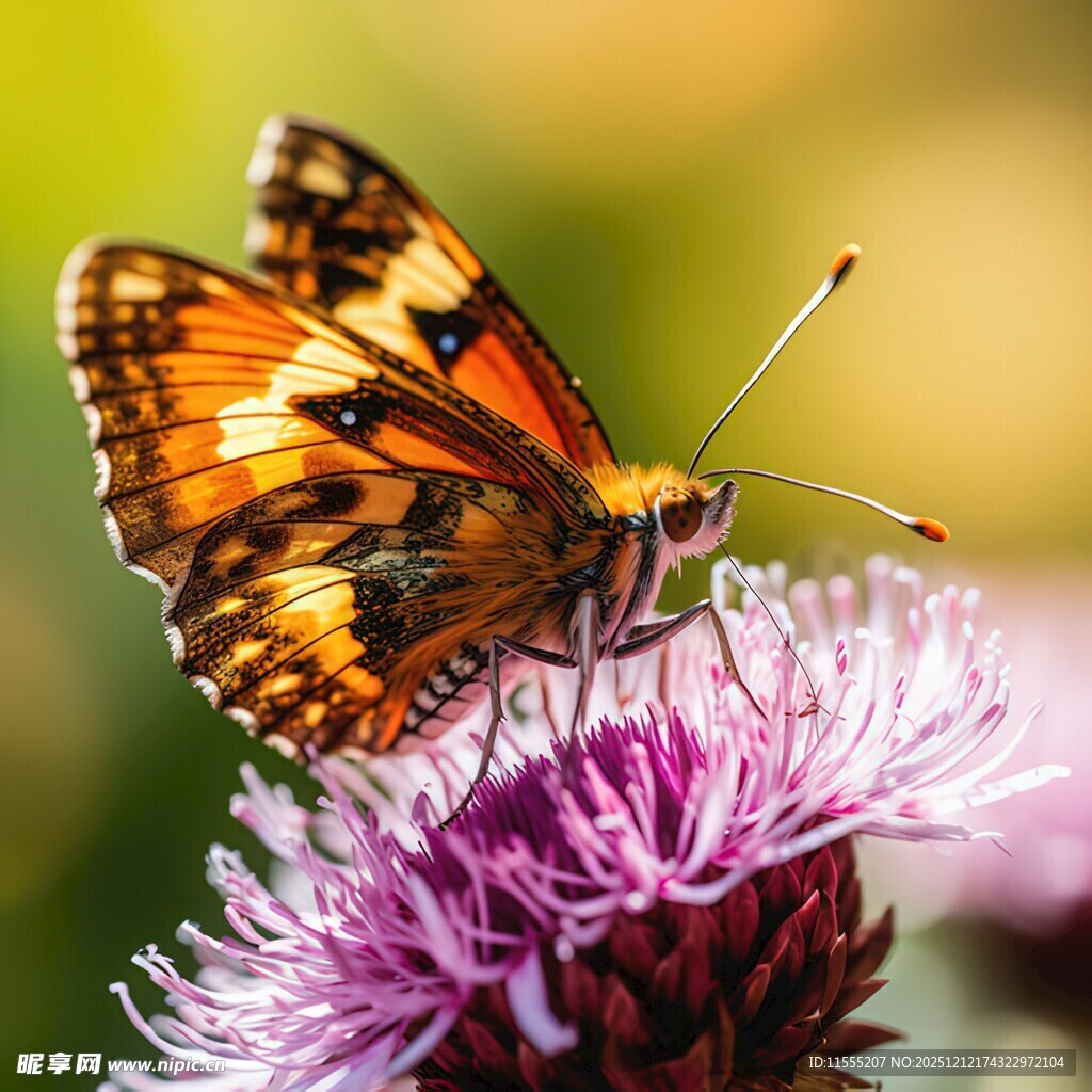 蝴蝶停驻在紫色花朵上