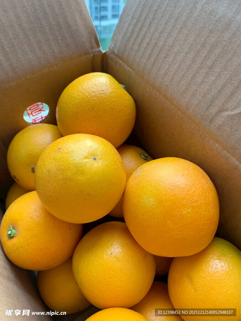 纸箱中的新鲜橙子
