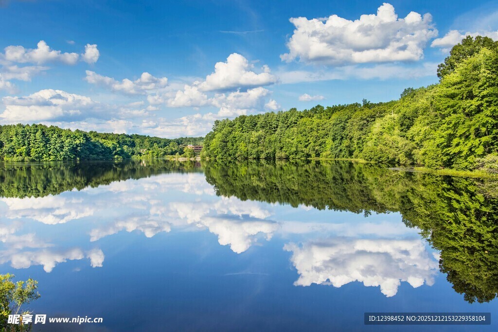 宁静湖泊映蓝天白云绿树