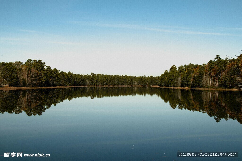 宁静湖面与岸边葱郁树林