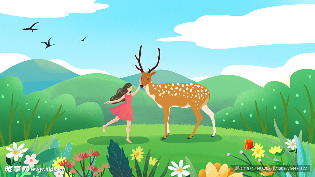 女孩和鹿插画