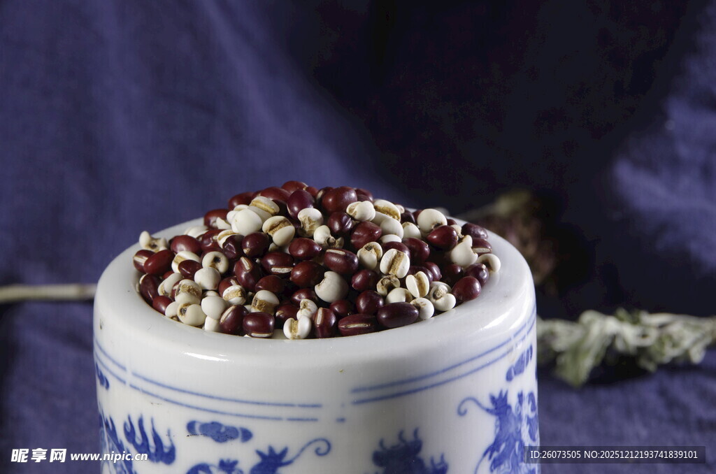 青花瓷罐中的多彩谷物