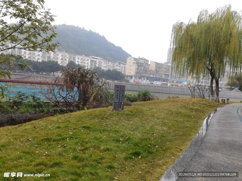 城市河畔的清新绿地景观