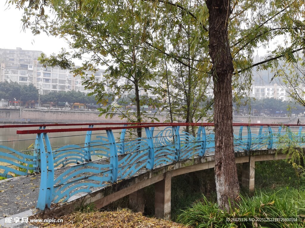 河畔蓝色木桥与葱郁树木