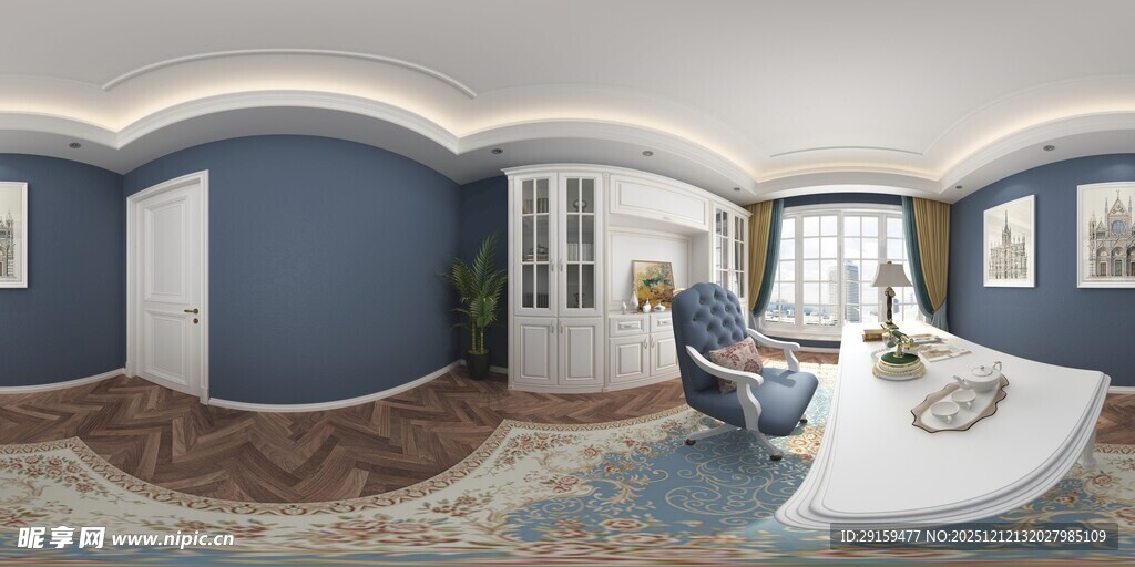 优雅蓝色系卧室全景图