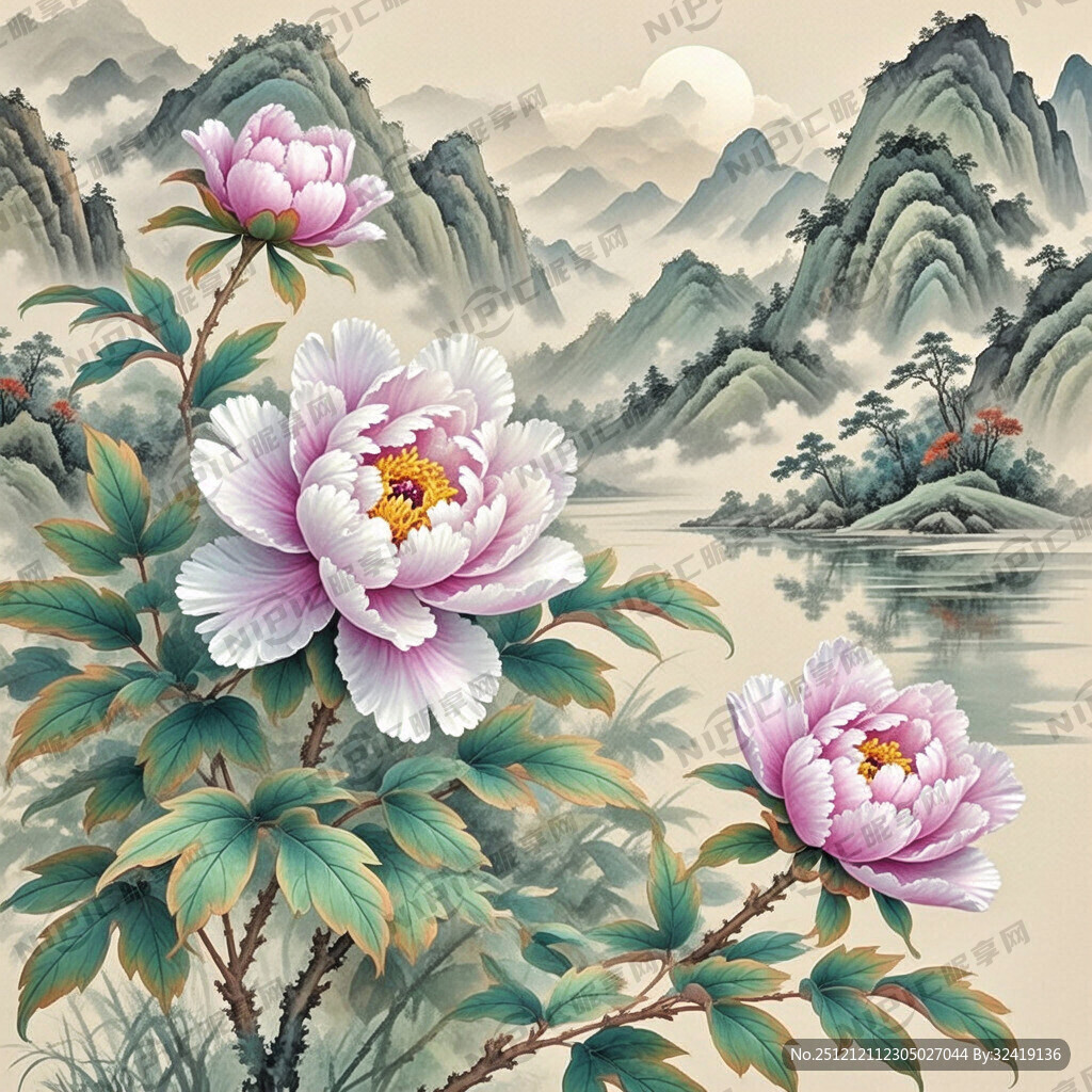 牡丹花 中国风 中国画 山水