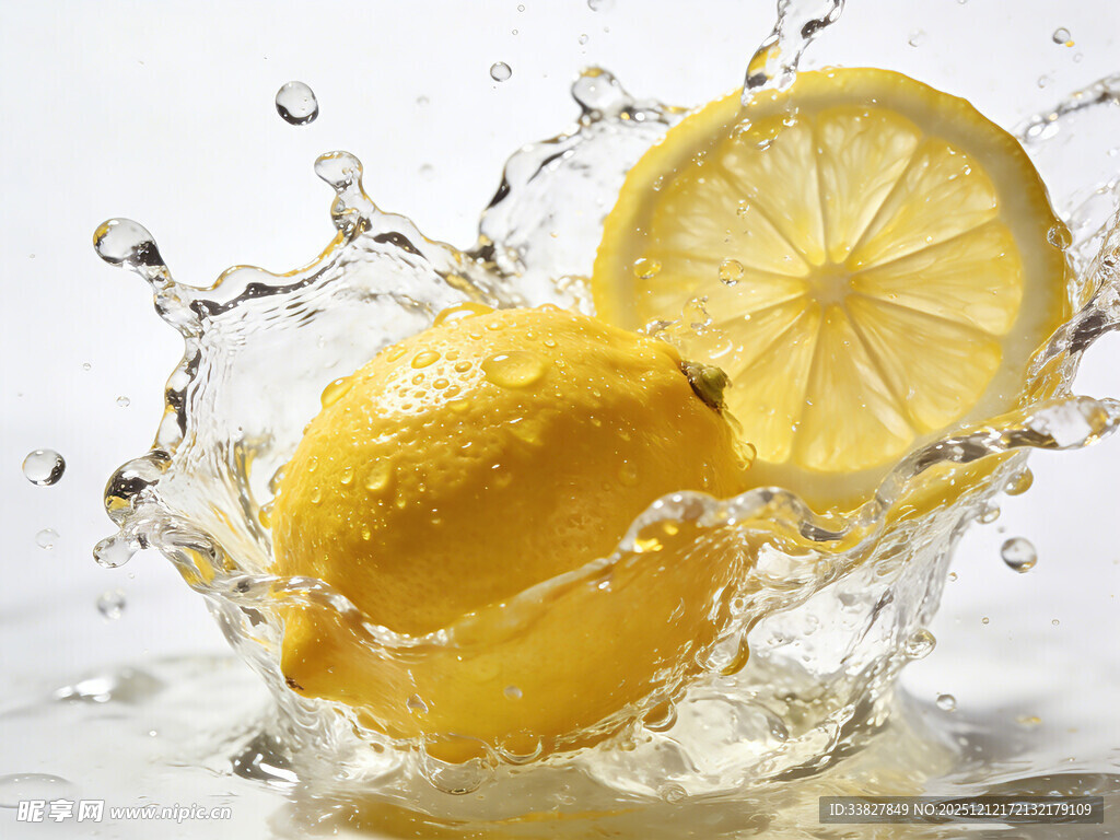 柠檬入水溅起晶莹水花