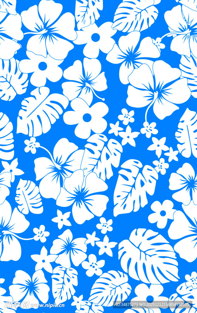 蓝底白色热带花卉图案