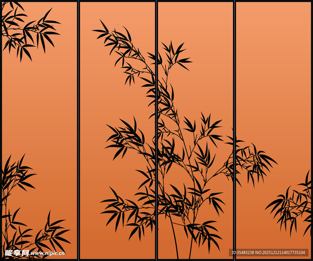 中式屏风上的墨竹图案