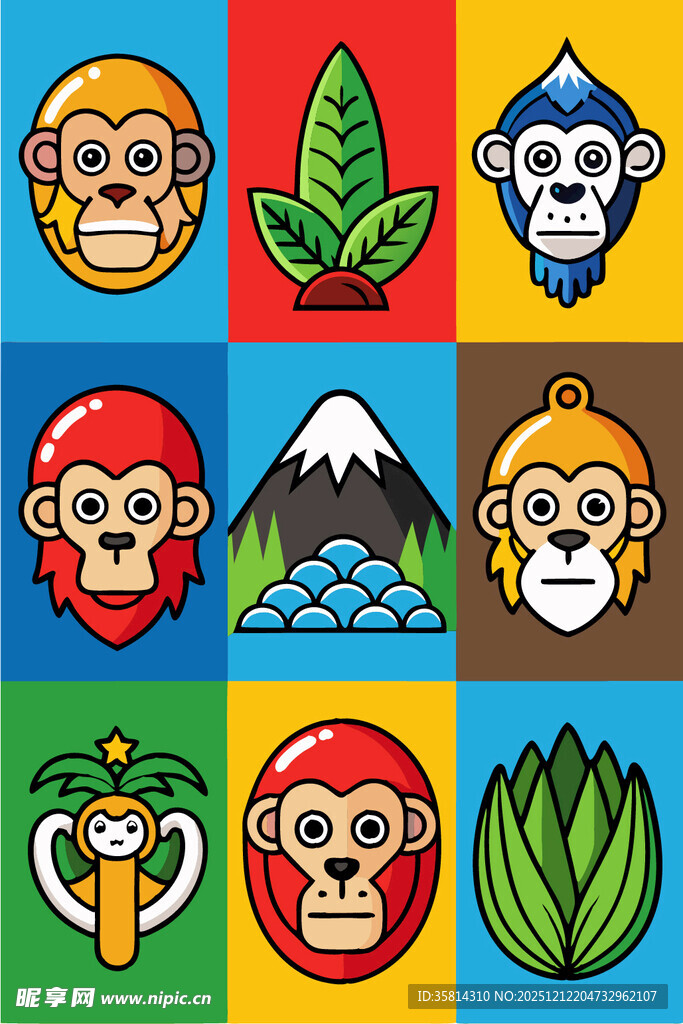 多彩猴头与自然元素图案