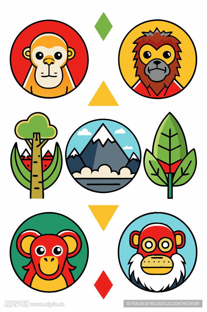 多彩猴子与自然元素图标