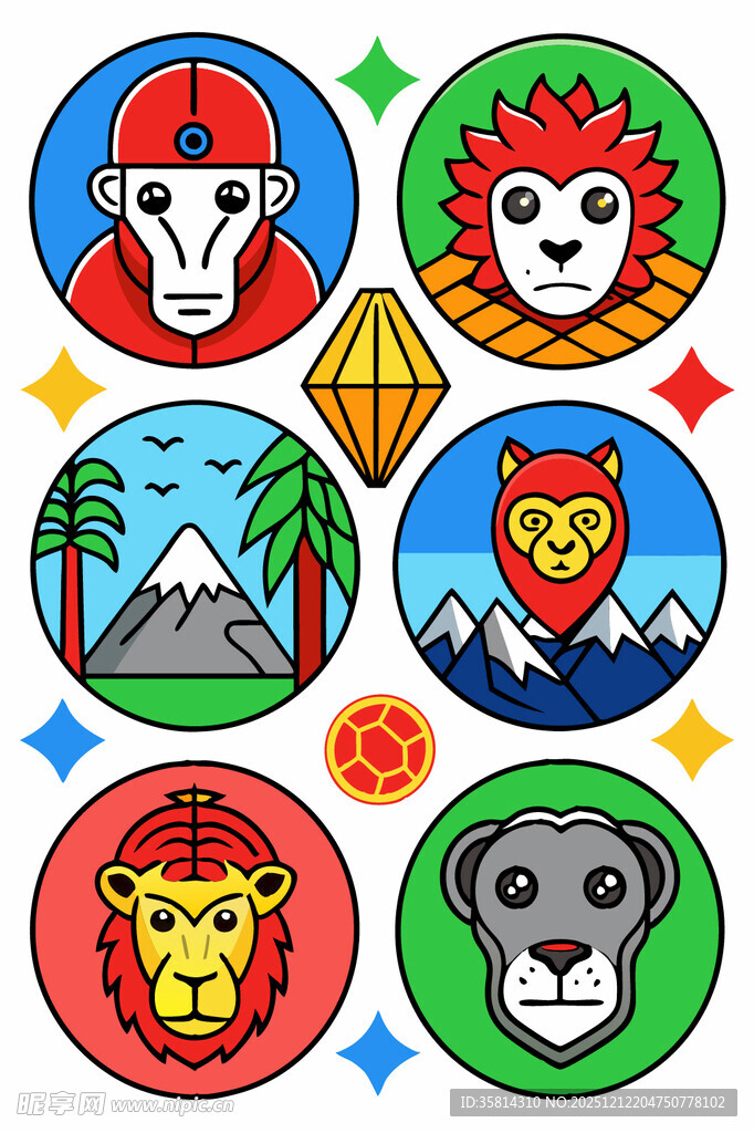 多彩动物头像与自然元素图案