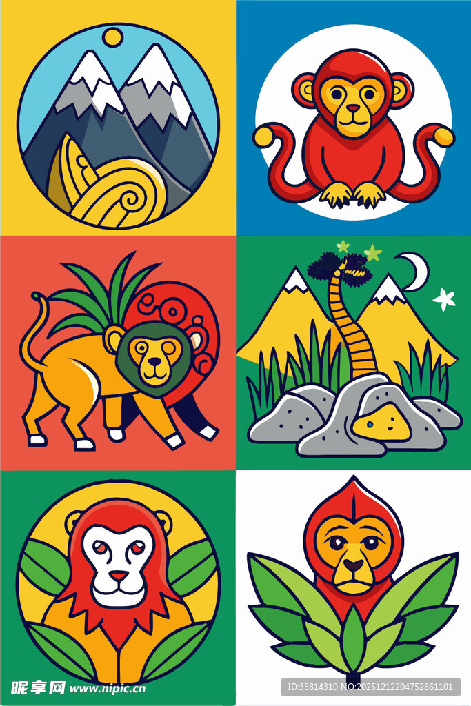 多彩猴子与自然风景图案