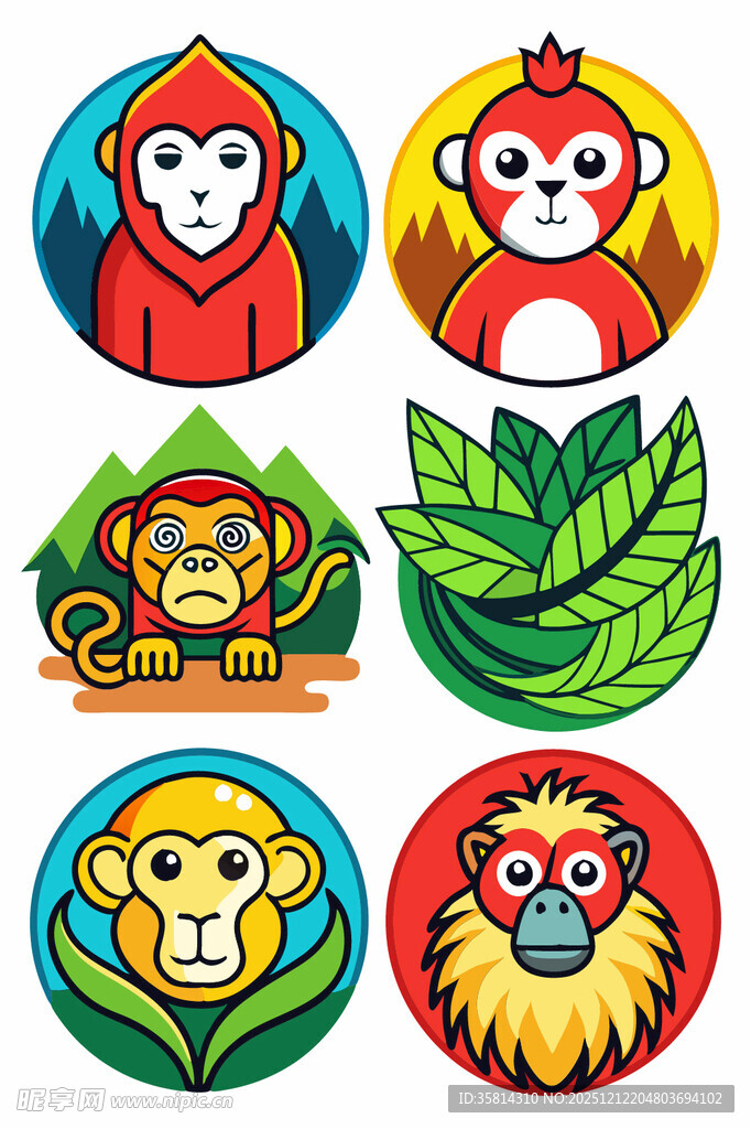 多彩猴子卡通图标集合
