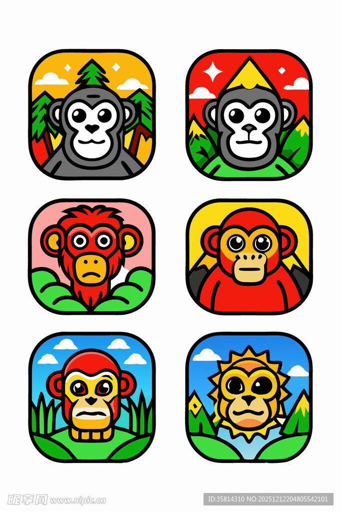 多彩猴子卡通图标集合