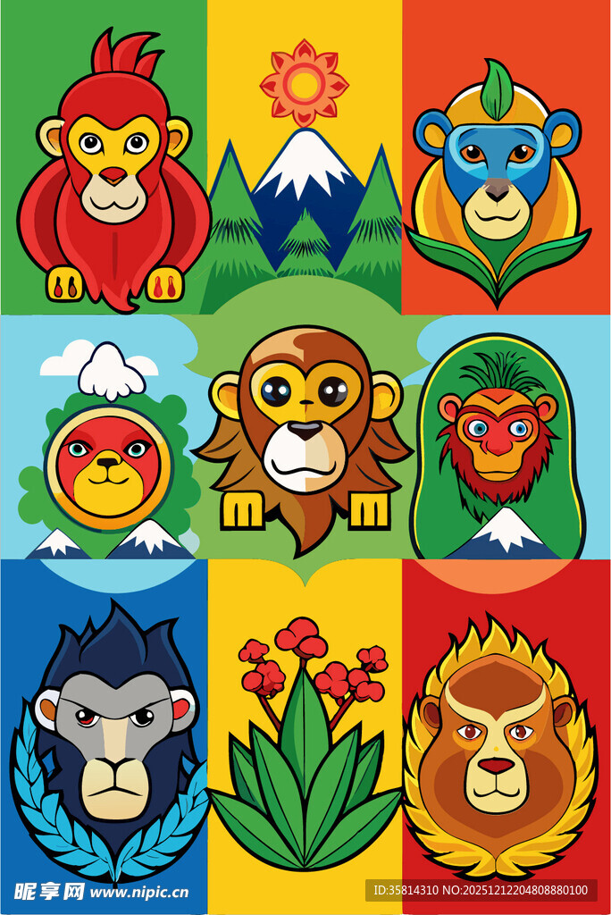 多彩动物卡通图案集合