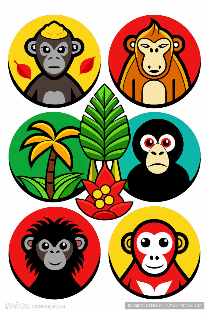 多彩猴子圆形图案集合